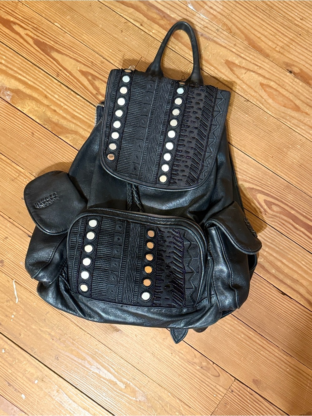 Simone Camille Mirrors 
Black Embellished Women's Leather Backpack